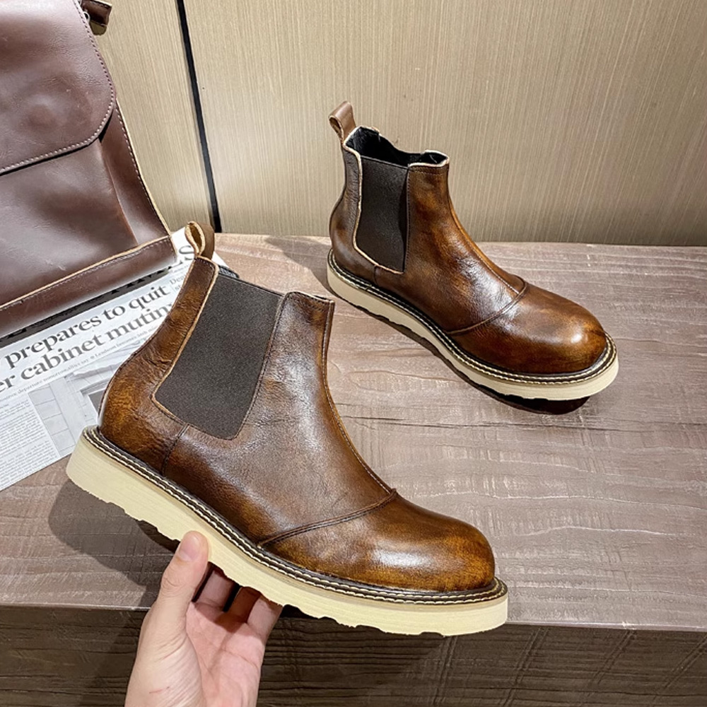 Leather Work Oxfords - Retro Erkek Hakiki Deri Chelsea Botları