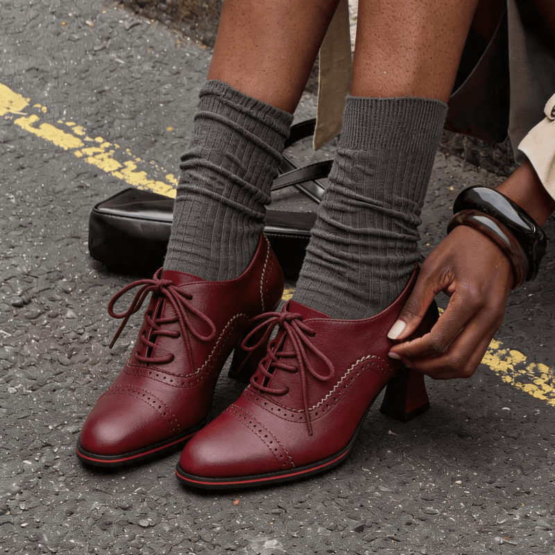 Leather Work Oxfords - Kadın Suni Deri Brogue Oxford Topuklu